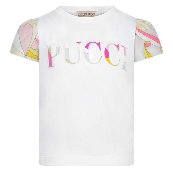 Emilio Pucci Girls White Logo T-shirt with Colorful Sleeves – Petit New ...