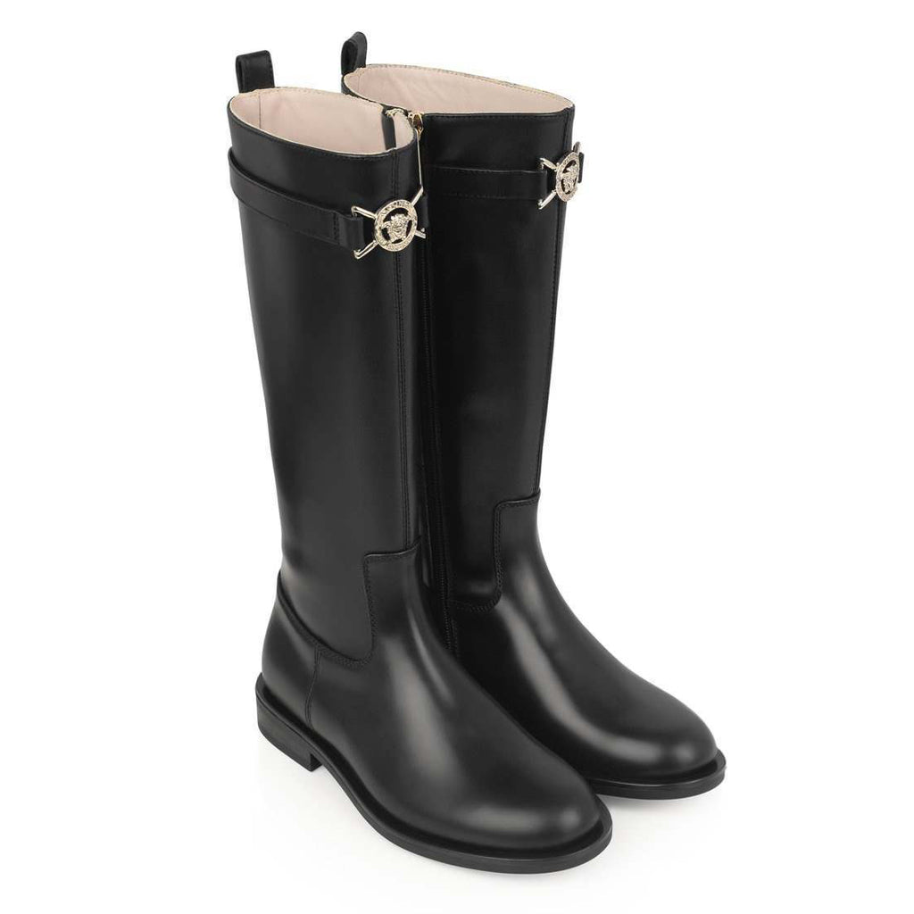 Girls Black Leather Long Boots with Medusa
