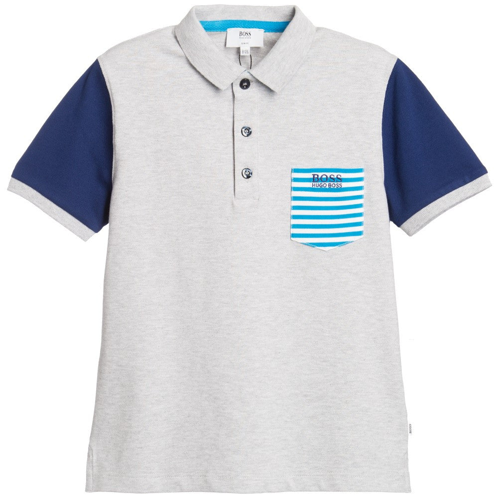 Boys Grey and Blue Piqué Polo Shirt - Main Image