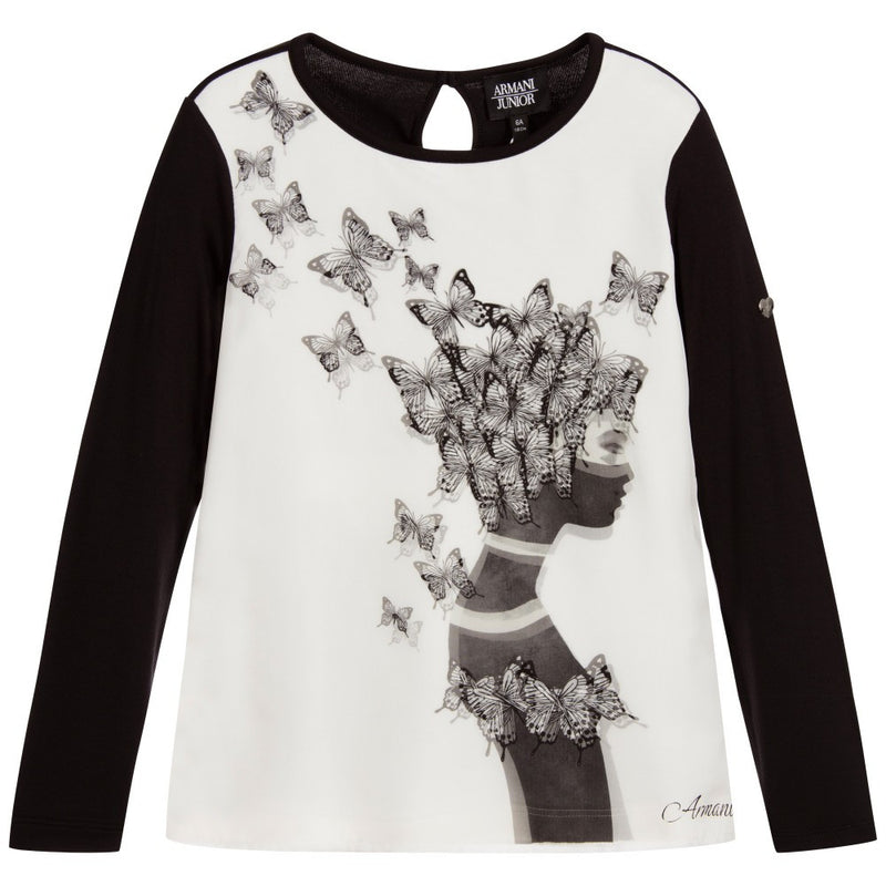 Armani Girls Black & White Butterfly T-shirt Girls Tops Armani Junior [Petit_New_York]