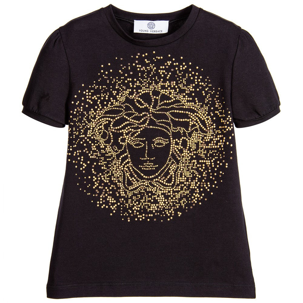 Versace Girls Black Studded Medusa T-shirt Girls Tops Young Versace [Petit_New_York]