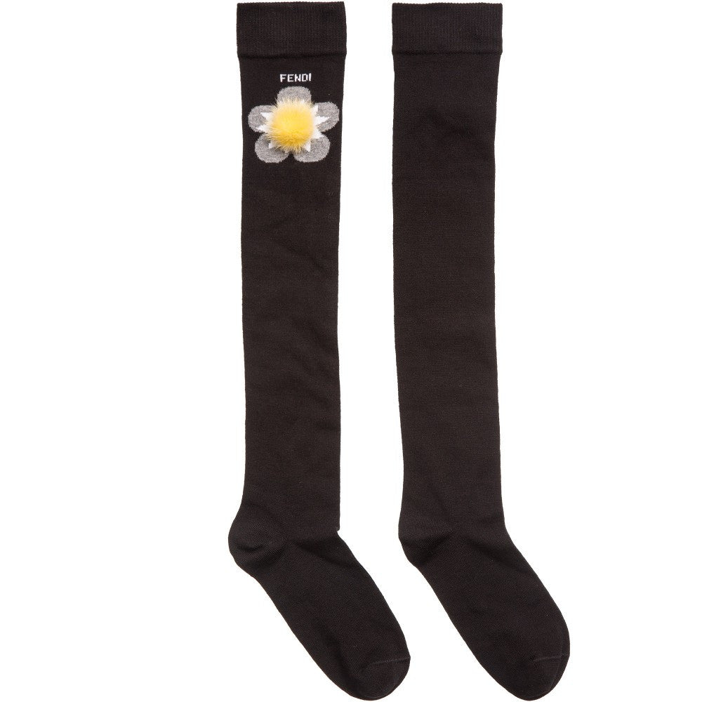 Fendi Girls Black Long Socks with Fur Girls Underwear, Socks & Tights Fendi [Petit_New_York]