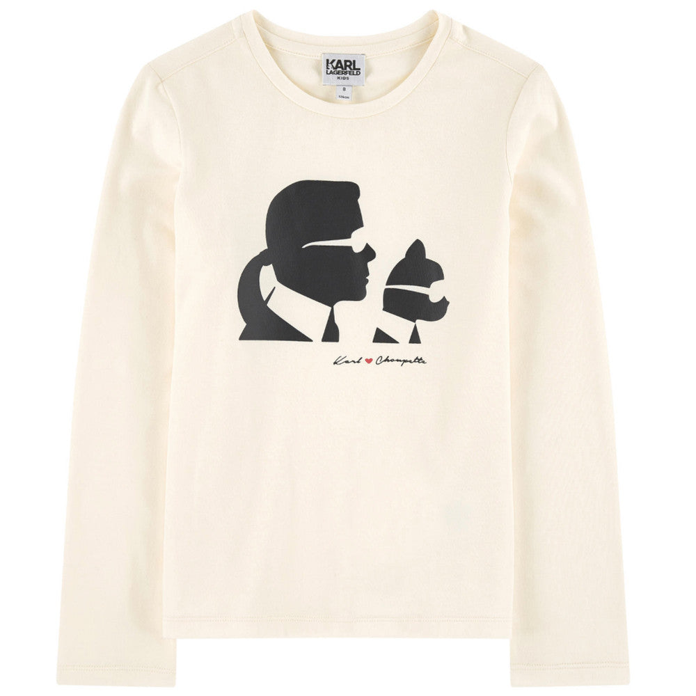 Karl Lagerfeld Girls Ivory Karl & Choupette T-shirt [Mini-Me] Girls Tops Karl Lagerfeld Kids [Petit_New_York]