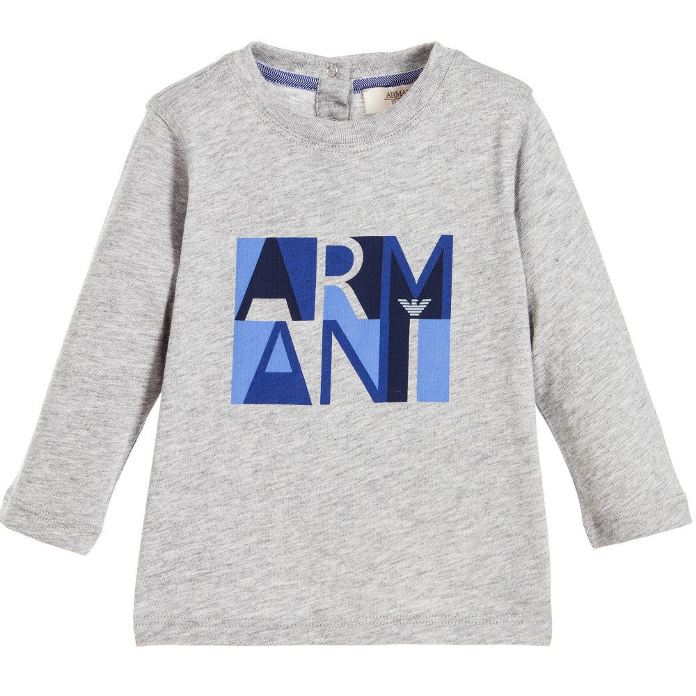 Armani Baby Boys Grey and Blue Logo Long-Sleeve T-shirt Baby T-shirts Armani Junior [Petit_New_York]