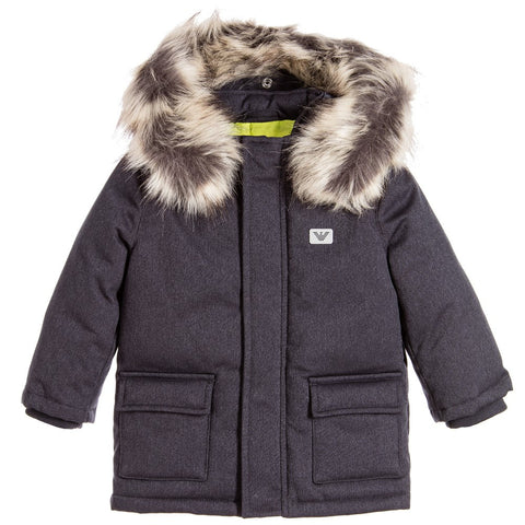 ARMANI BABY フード付きダウンジャケット 18M Armani Baby Boys Down Coat with Faux Fur Hood – Petit New York