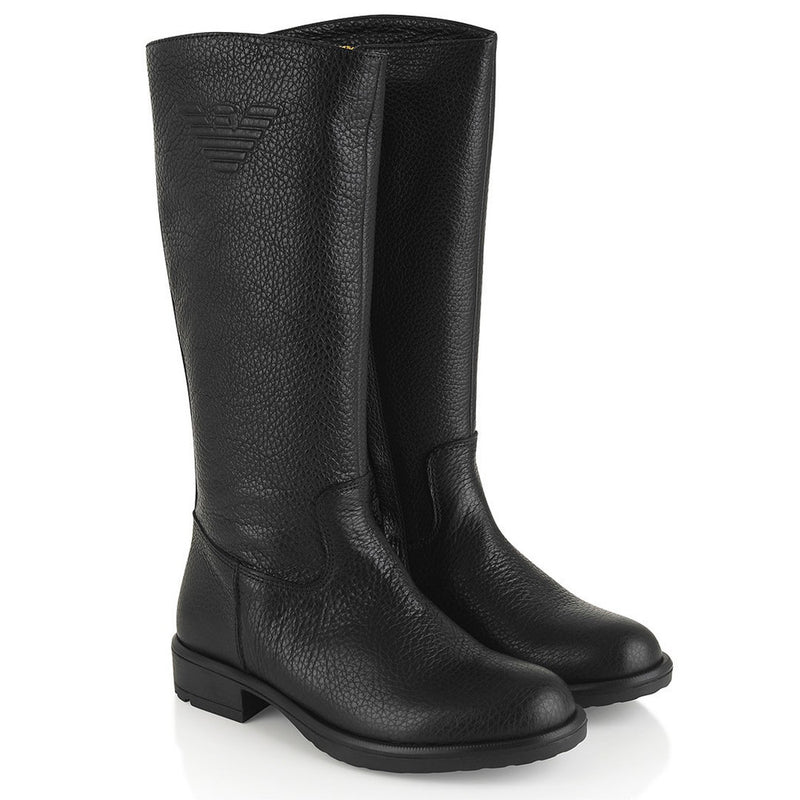 Armani Girls Black Leather Logo Boots Girls Shoes Armani Junior [Petit_New_York]