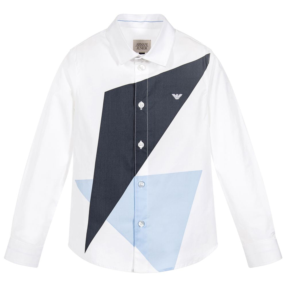 Armani Junior Boys White and Blue Geometric Shirt – Petit New York