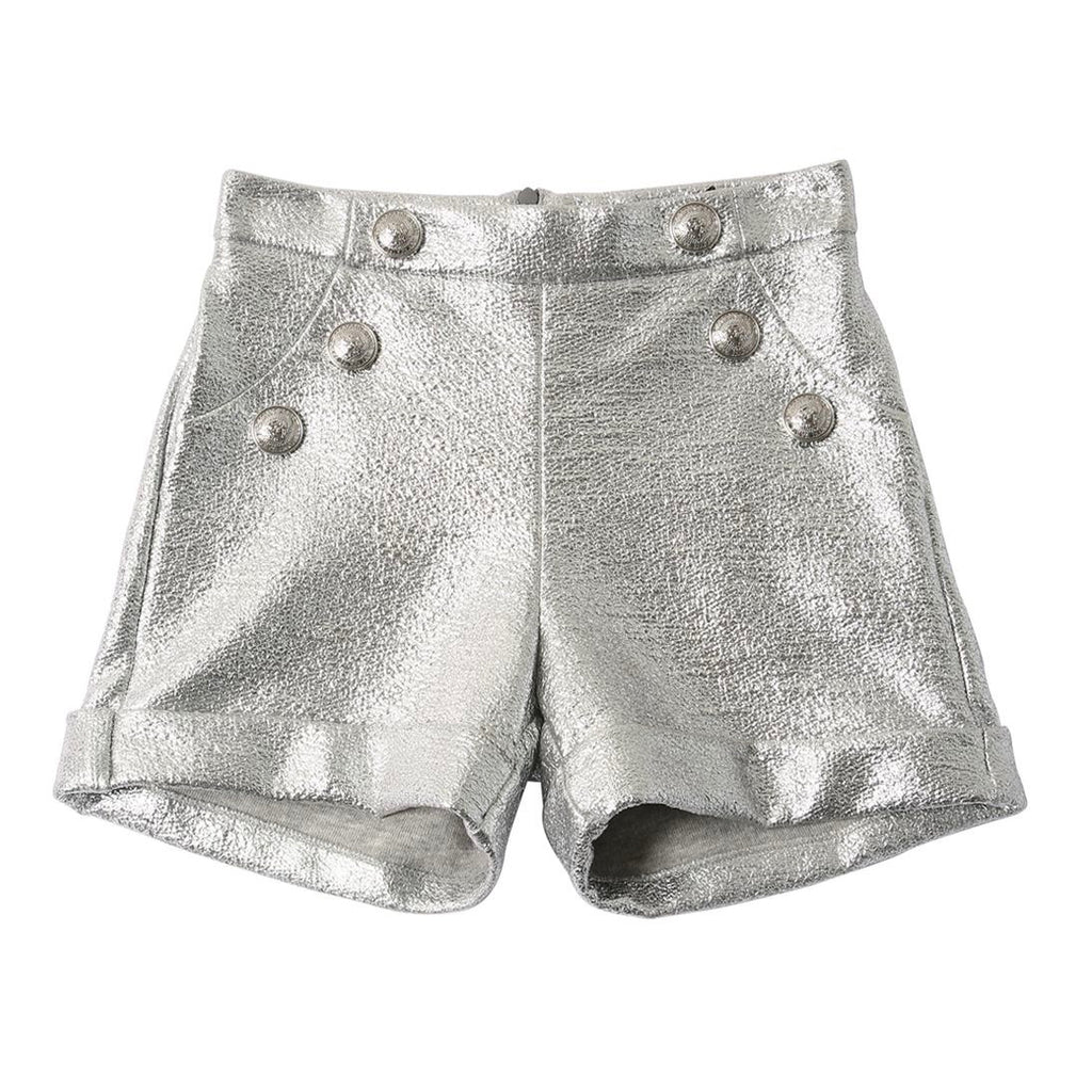 Girls Silver Laminated Shorts with Buttons (Mini-Me)