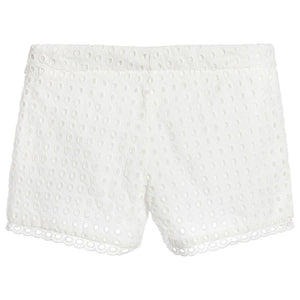 Girls White French Embroideries Shorts (Mini-Me)