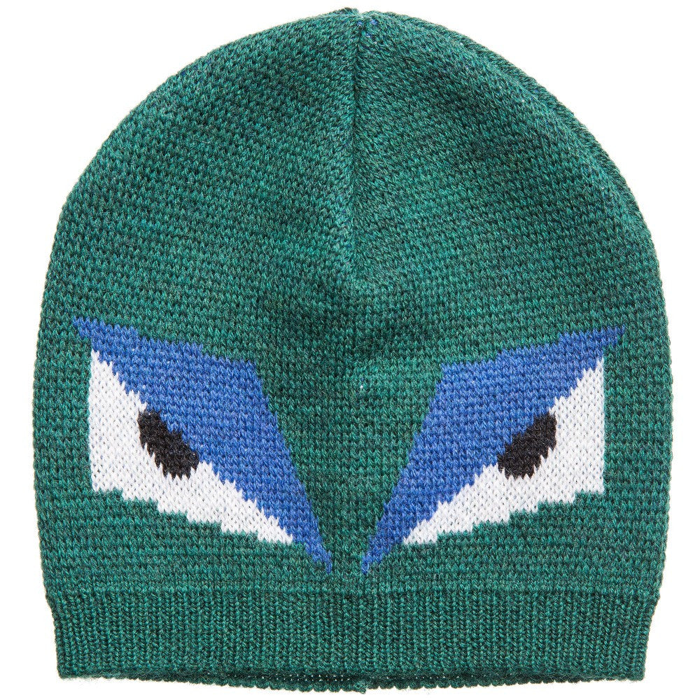 Fendi Boys Green 'Monster' Wool Hat Boys Hats, Scarves & Gloves Fendi [Petit_New_York]