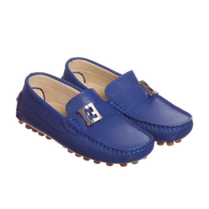 Boys Blue Leather Loafers with Metal Logo