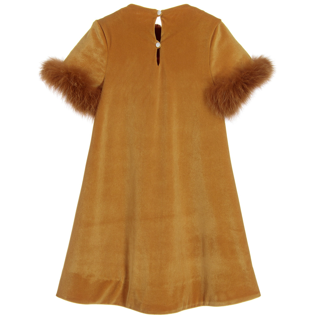 Girls Gold Velour Dress with Fur Sleeves