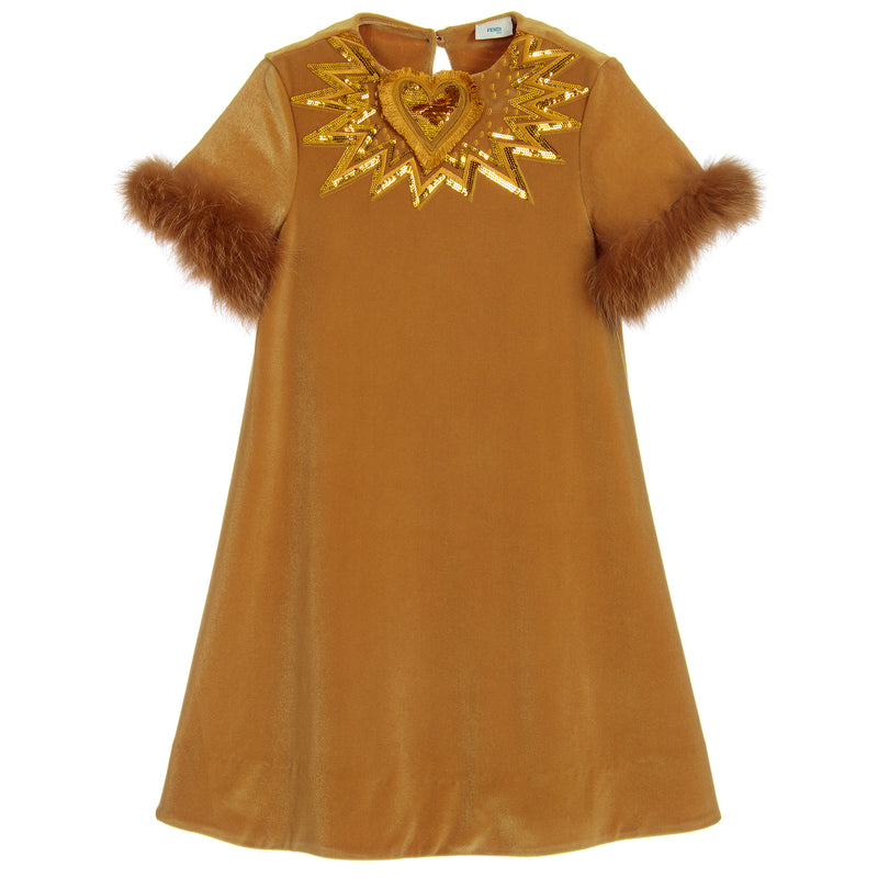 Girls Gold Velour Dress with Fur Sleeves