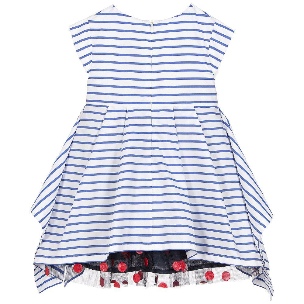 Junior Gaultier Girls Striped Blue & White Dress with Dotted Tulle Skirt Girls Dresses Junior Gaultier [Petit_New_York]