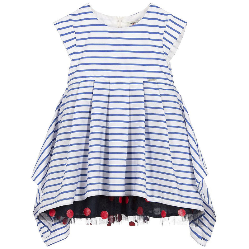 Junior Gaultier Girls Striped Blue & White Dress with Dotted Tulle Skirt Girls Dresses Junior Gaultier [Petit_New_York]