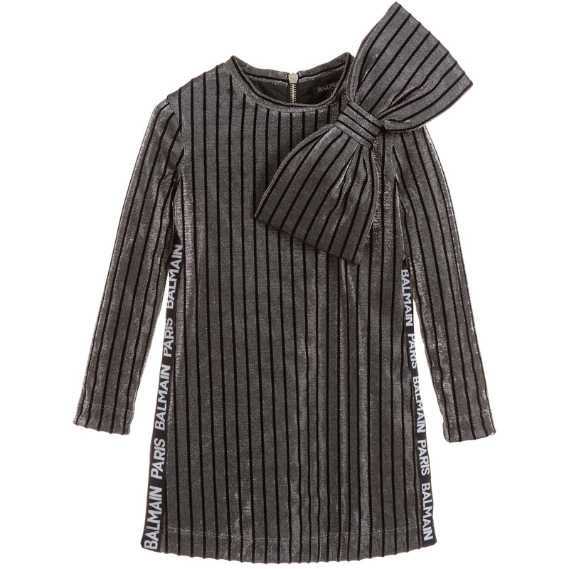 Balmain Girls Black and Silver Metallic Bow Logo Dress Petit New York Balmain Girls Black and Silver Metallic Bow Logo Dress Petit New York