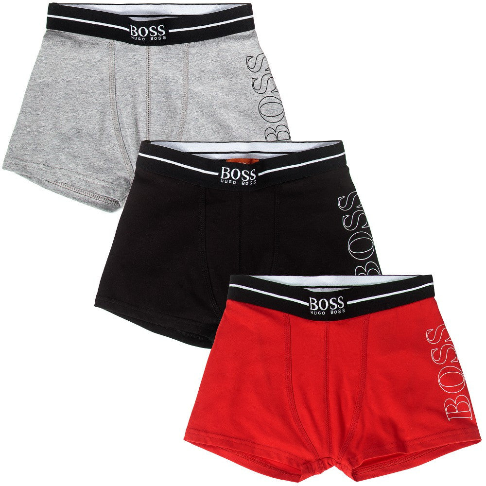 Hugo Boss Boys Set of Three Boxer Shorts [Red/Black/Grey] Boys Underwear & Socks Boss Hugo Boss [Petit_New_York]