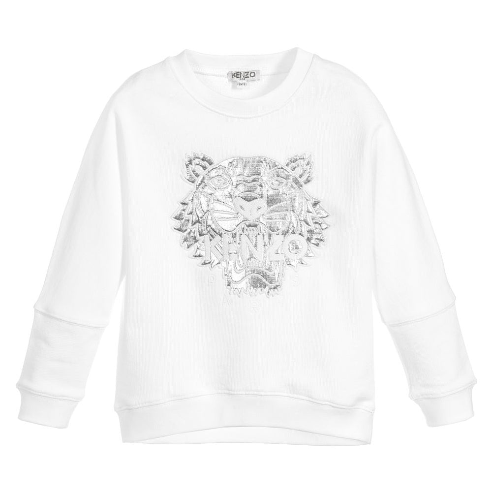 Kenzo Girls White & Silver Tiger Logo Sweatshirt (Mini-Me