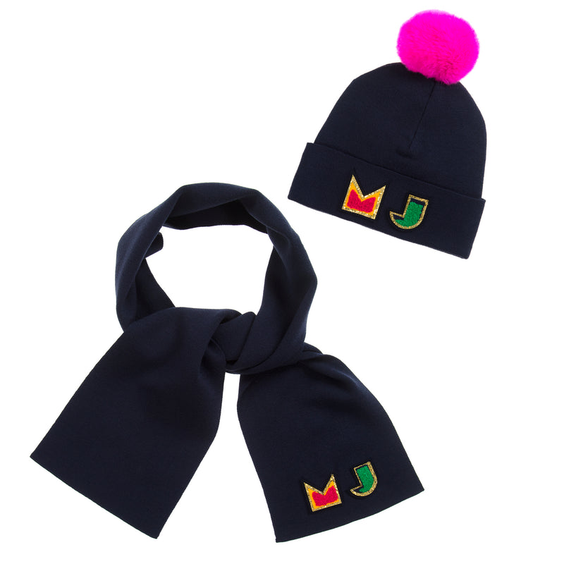 Marc Jacobs Girls Navy Blue Logo Hat and Scarf Set