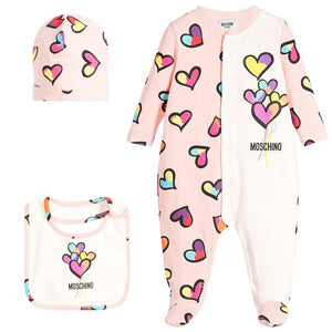Moschino Baby Girls Hearts Print Onesie, Hat ad Bib Gift Set | New Collection Baby Rompers & Onesies Moschino [Petit_New_York]