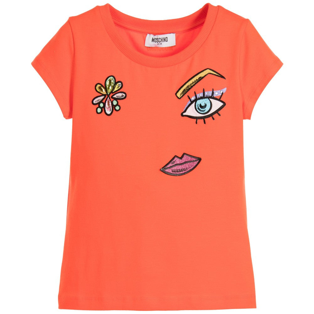 Moschino Girls Coral Sparkly Face T-shirt