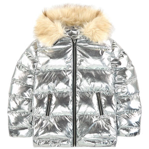 Girls Shiny Silver Puffer Jacket (Faux Fur)