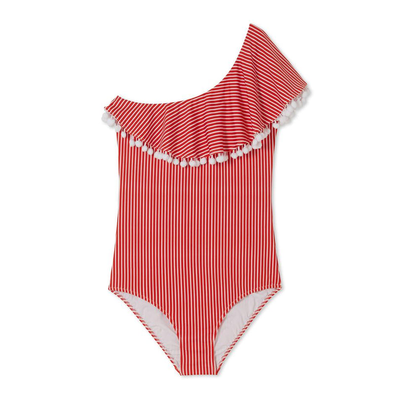 Stella Cove Girls Red Striped Pom Pom Swimsuit