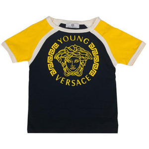 Versace Boys Navy and Yellow Medusa Logo T-shirt Boys T-shirts Young Versace [Petit_New_York]