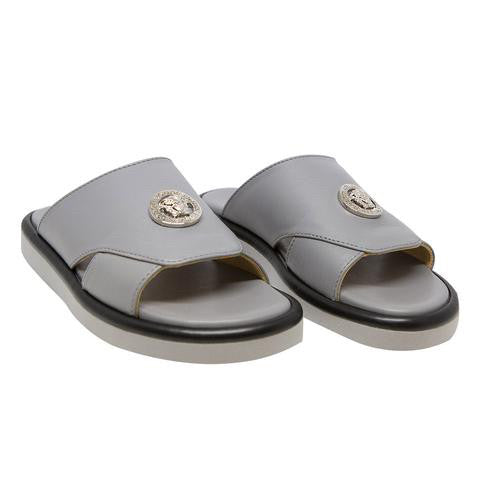 Versace Boys Grey Leather Slide Sandals Boys Shoes Young Versace [Petit_New_York]