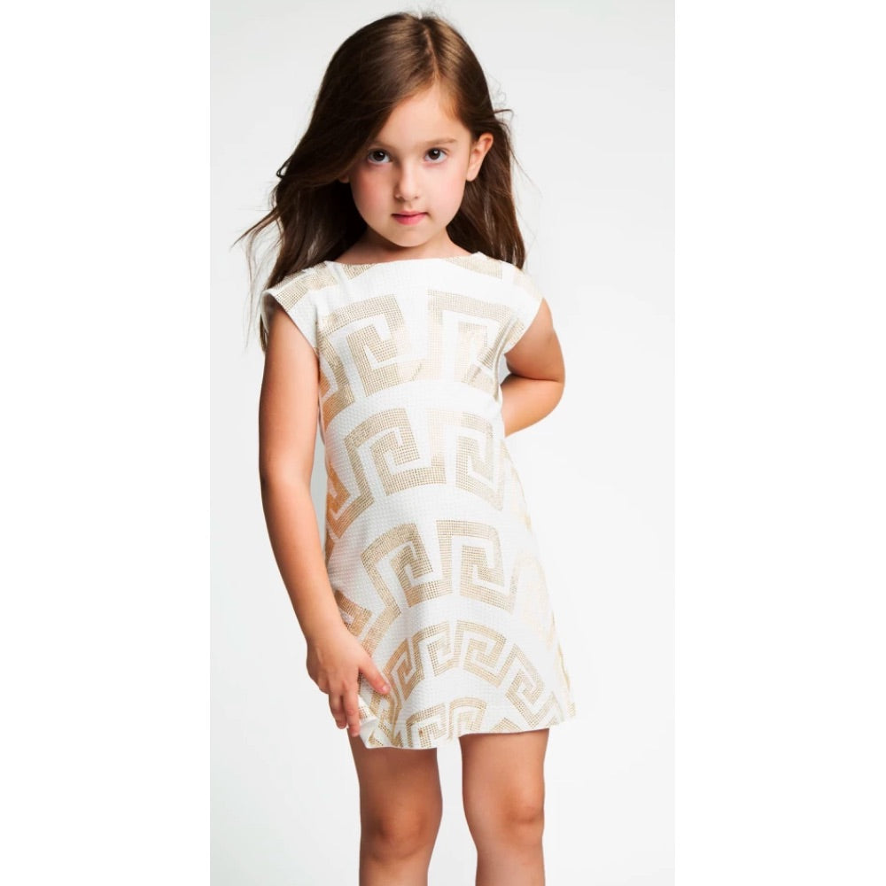 Versace Girls White with Gold Studded 'Greco' Dress