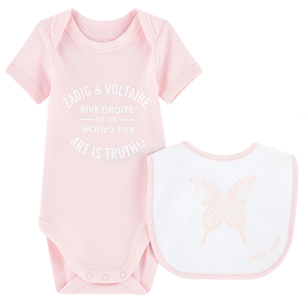 Zadig & Voltaire Baby Girls Pink Romper with Bib Gift Set Baby Rompers & Onesies Zadig & Voltaire [Petit_New_York]