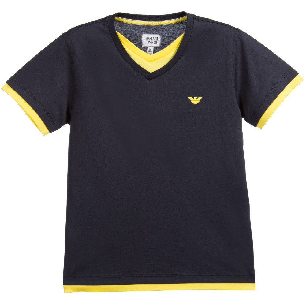 Armani boys navy blue and yellow layered t-shirt Boys T-shirts Armani Junior [Petit_New_York]
