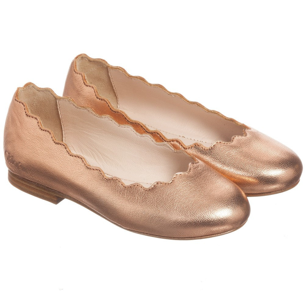 Chloe Girls Rose Gold Leather Ballerina Flats (Mini-me) Girls Shoes Chloé [Petit_New_York]