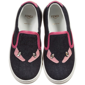 Fendi Girls Navy Denim and Pink 'Monster' Sneakers Girls Shoes Fendi [Petit_New_York]