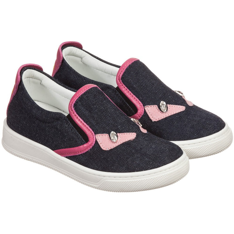 Fendi Girls Navy Denim and Pink 'Monster' Sneakers Girls Shoes Fendi [Petit_New_York]